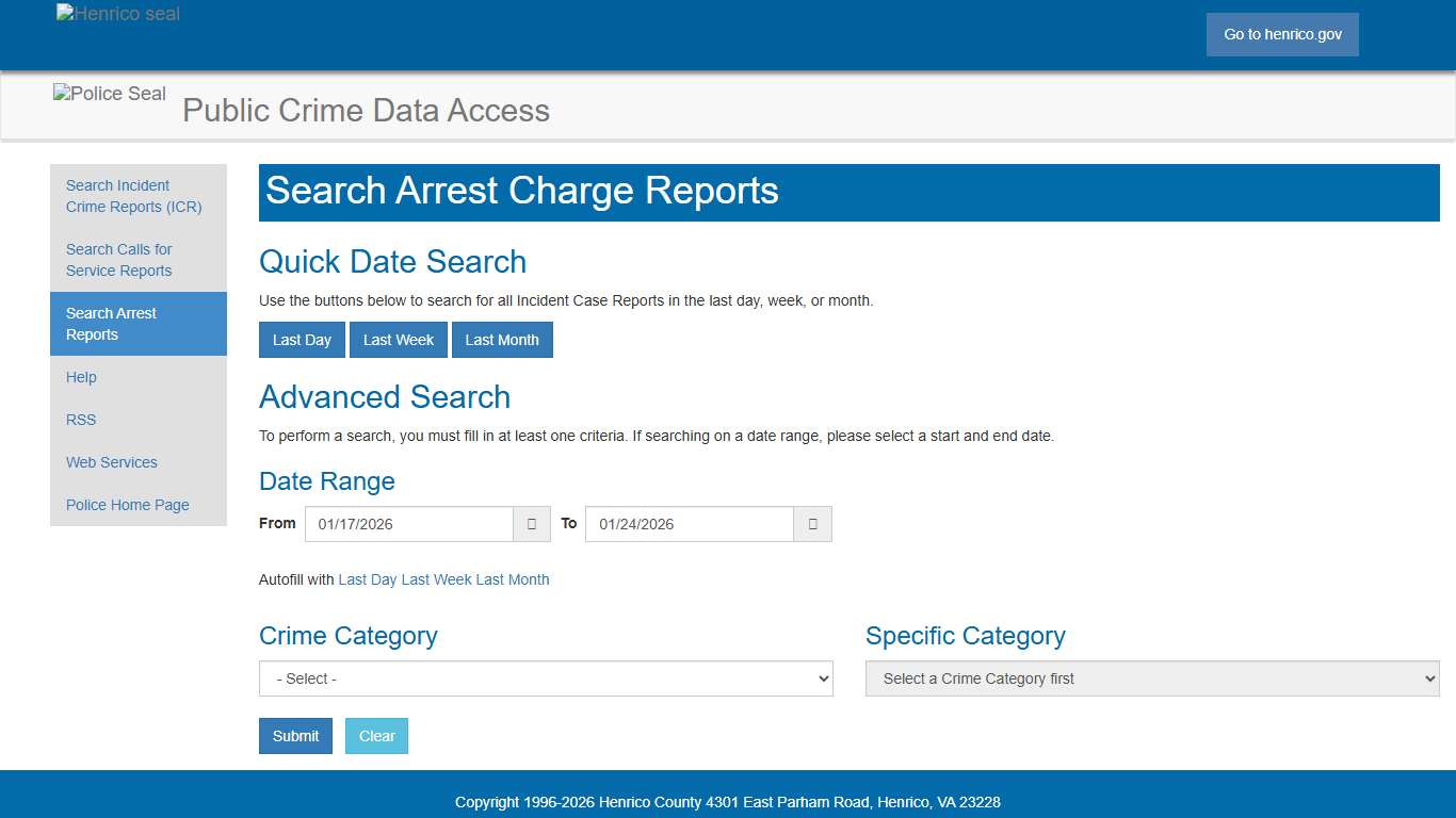 Arrest Charge Report Search
