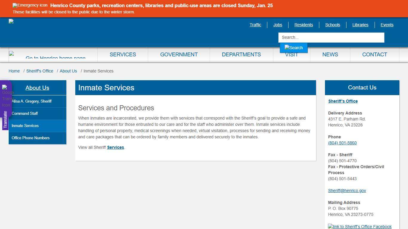 Inmate Services » Henrico County, Virginia